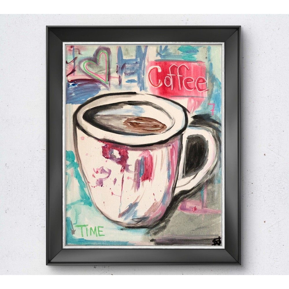 WS original coffee time neo expressionism painting 14X11 canvas colorful acrylic